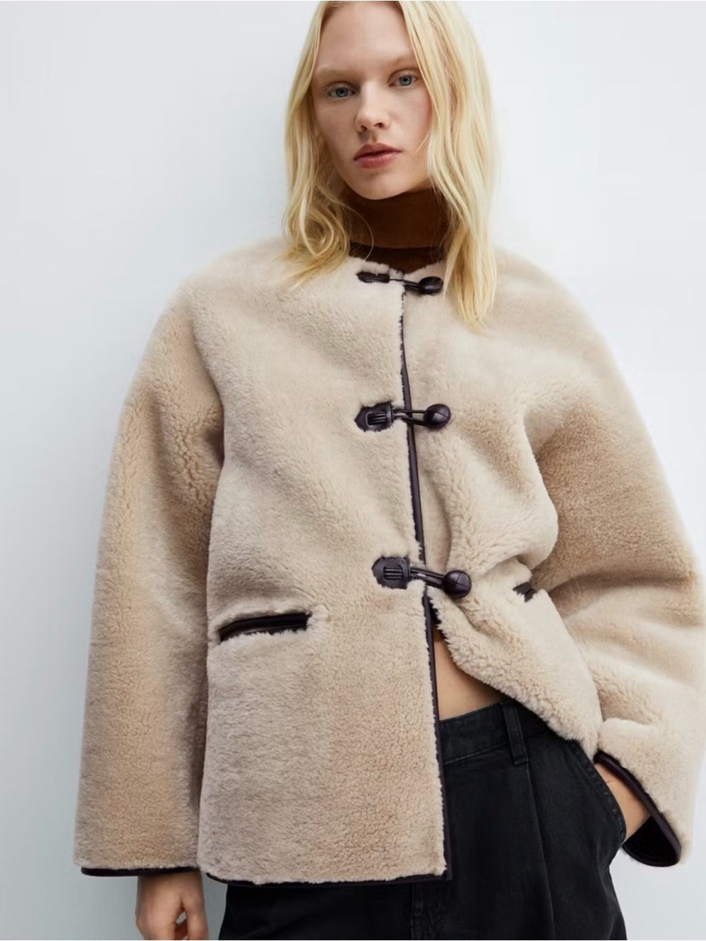 MANGO Womens Faux Fur Toggle Jacket - Beige